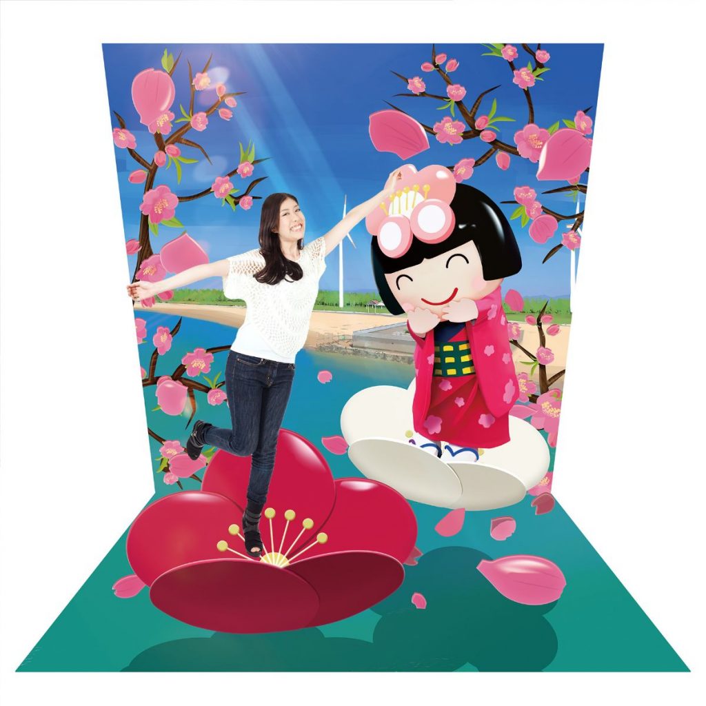 桜の花びらとオリジナルキャラクターの上に立って撮れる季節イベント向けトリックアート